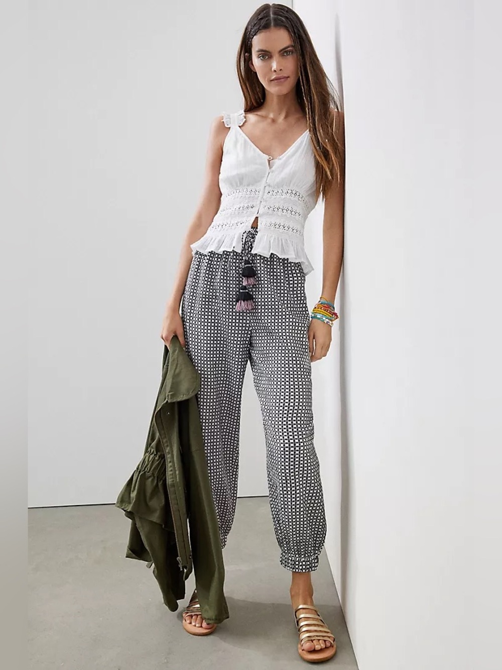 NWT Anthropologie Ollari Black & White Tasseled Joggers Pants Pockets Size M